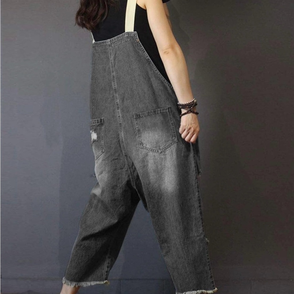 YESNO Women’s Loose Cropped Denim Distressed Grey/Black Overalls (XL) / 14-16 - Picture 6 of 7